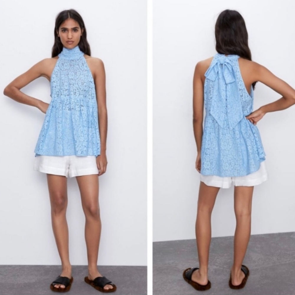 Zara Blue Lace Babydoll Blouse XS Bow Halter Sleeveless Lolita Coquette Top - Picture 3 of 10